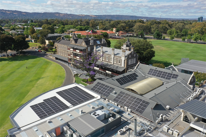 Birds eye view of the rooftop solar installation on Prince Alfred College in South Australia.