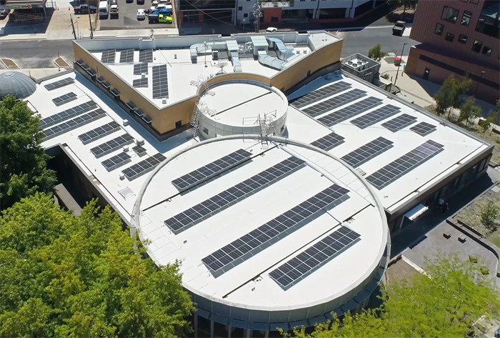 View of the commercial solar system installed on the rooftop of Ballarat Library.